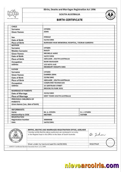 Australia South Australia birth certificate version 1